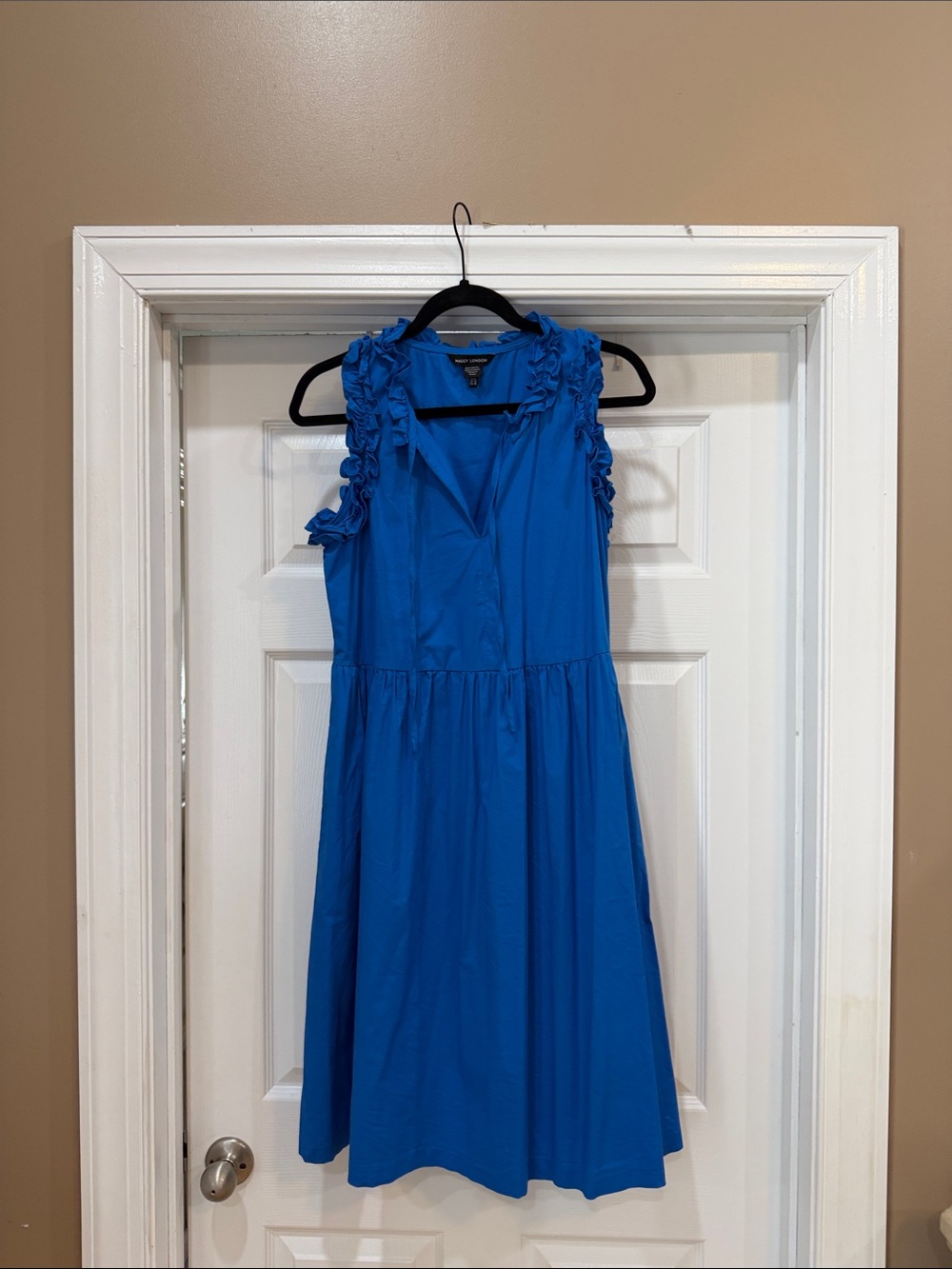 Blue Sleeveless Ruffle-Trim Dress w/ Pockets